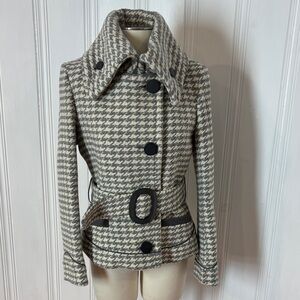 CONTEMPORAINE Wool Houndstooth Jacket Coat Belted Wide Collar - Size L